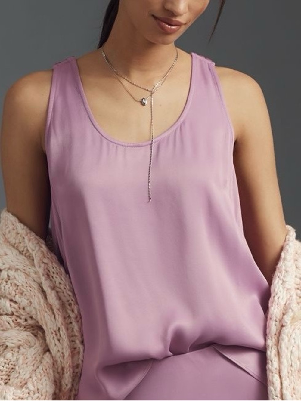 Lilac Satin Tank Top - Sleeveless Scoop Neck